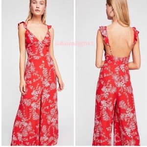 Free People Maxi Jumpsuit Wide Leg Red Floral 8